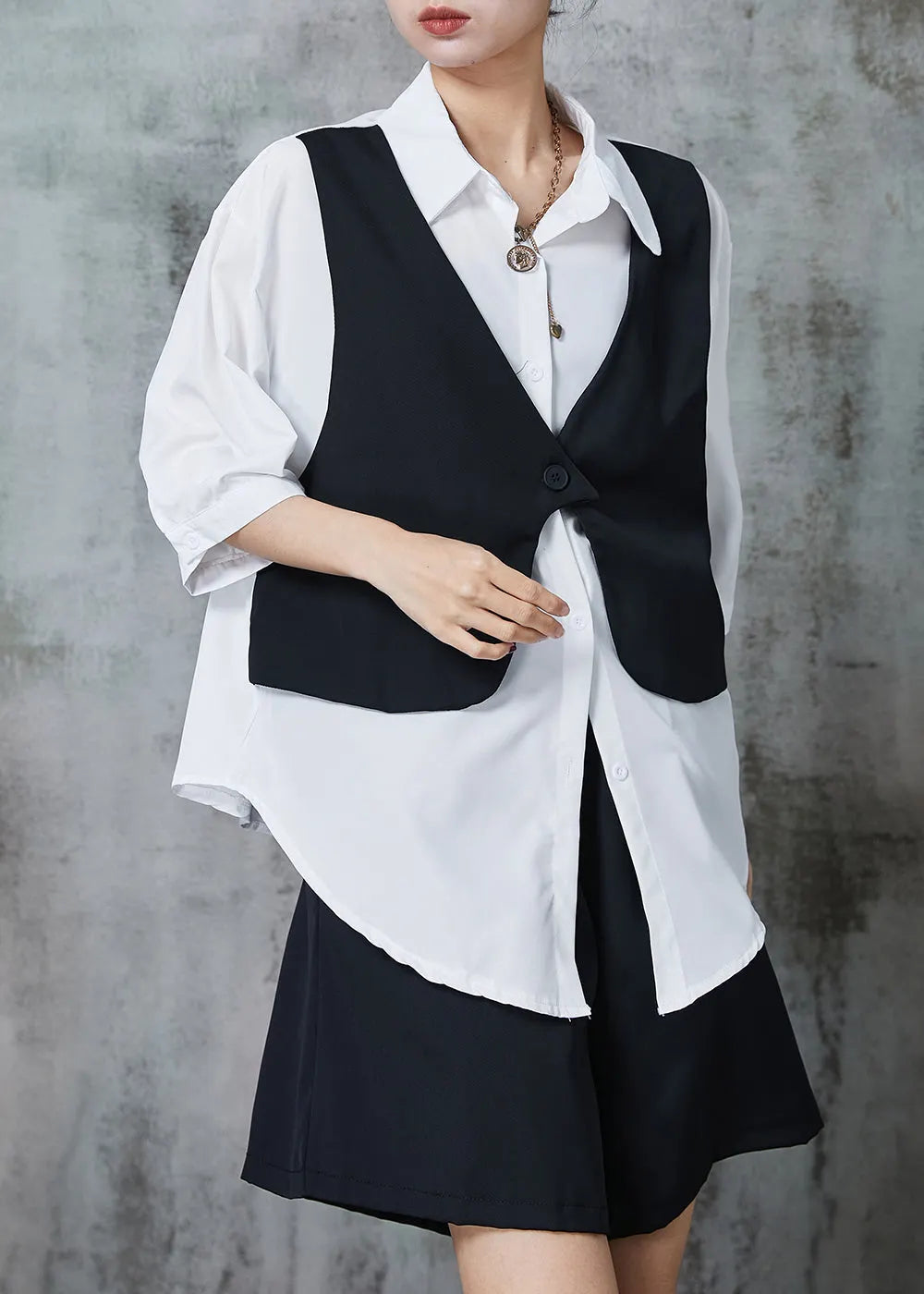 Black Loose Chiffon Fake Two Piece Shirts and Shorts Two Pieces Set Oversized Summer