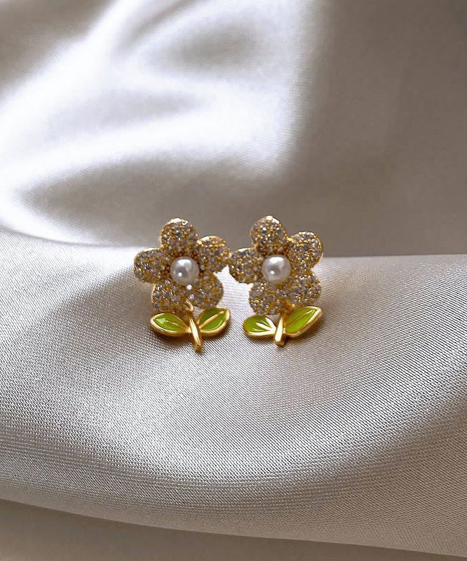 Stylish Gold Sterling Silver Alloy Zircon Pearl Stud Earrings