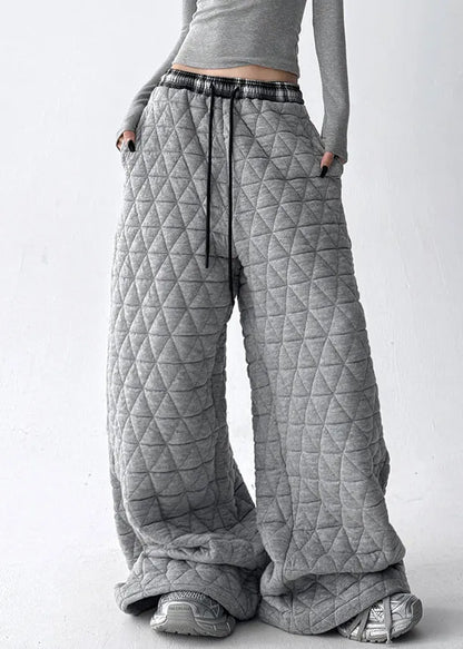 Grey Pockets Cotton Filled Wide Leg Pants Elastic Waist