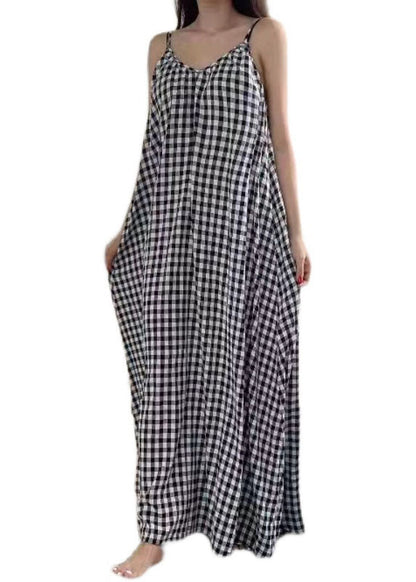 V Neck Plaid Cotton Spaghetti Strap Dress Sleeveless