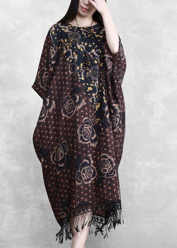 Style Chocolate Print Quilting Clothes O Neck Tassel Spring Dresses