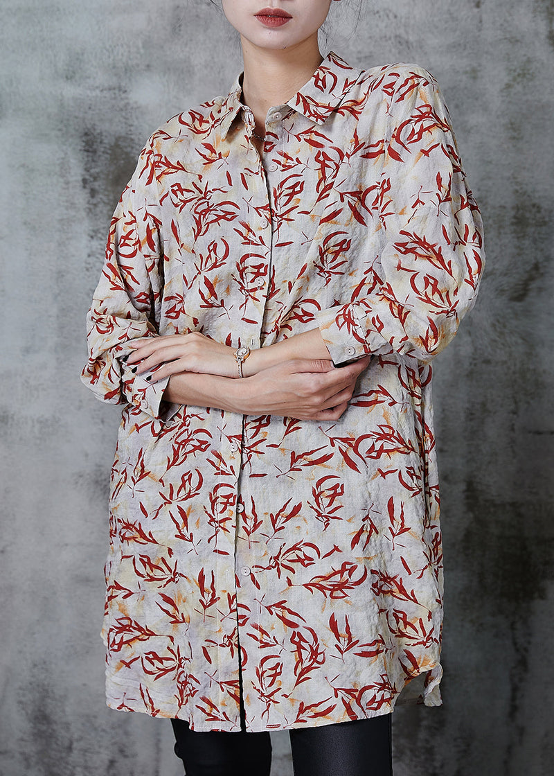 Apricot Peter Pan Collar Print Linen Long Shirts Summer