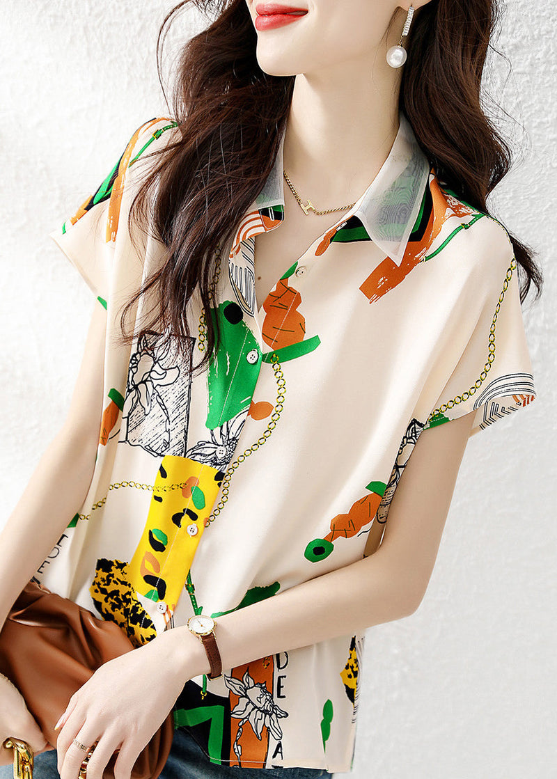 Peter Pan Collar Print Chiffon Shirt Short Sleeve