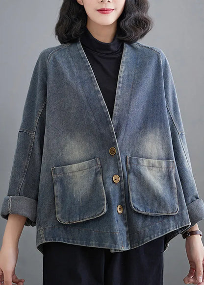 Blue Oversized Pockets Denim Coat Outwear Spring