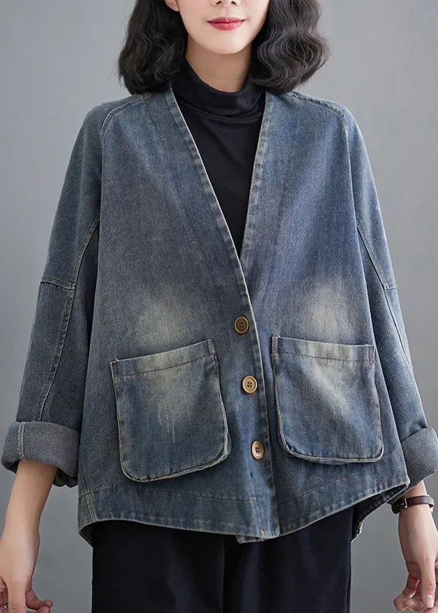 Blue Oversized Pockets Denim Coat Outwear Spring