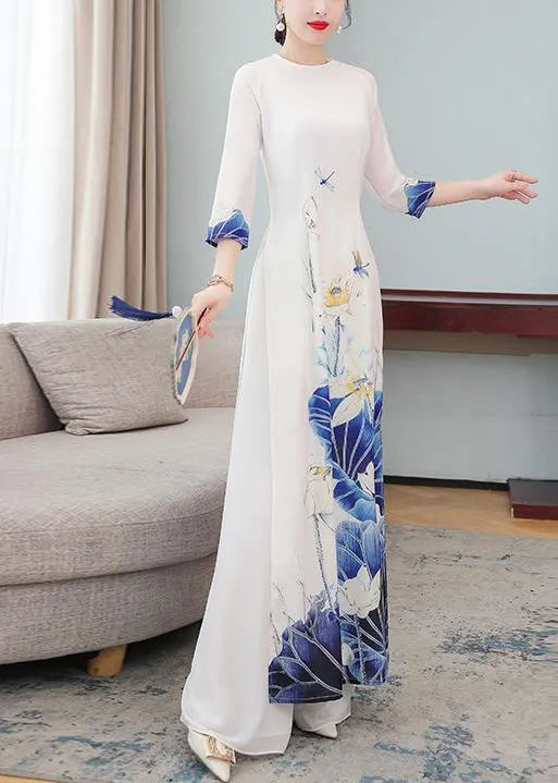 Silm Fit Pink Print Silk Cheongsam Dress Two Pieces Set Fall