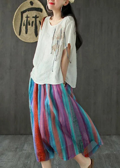 Style Striped Retro Patchwork a Line Skirts Ramie