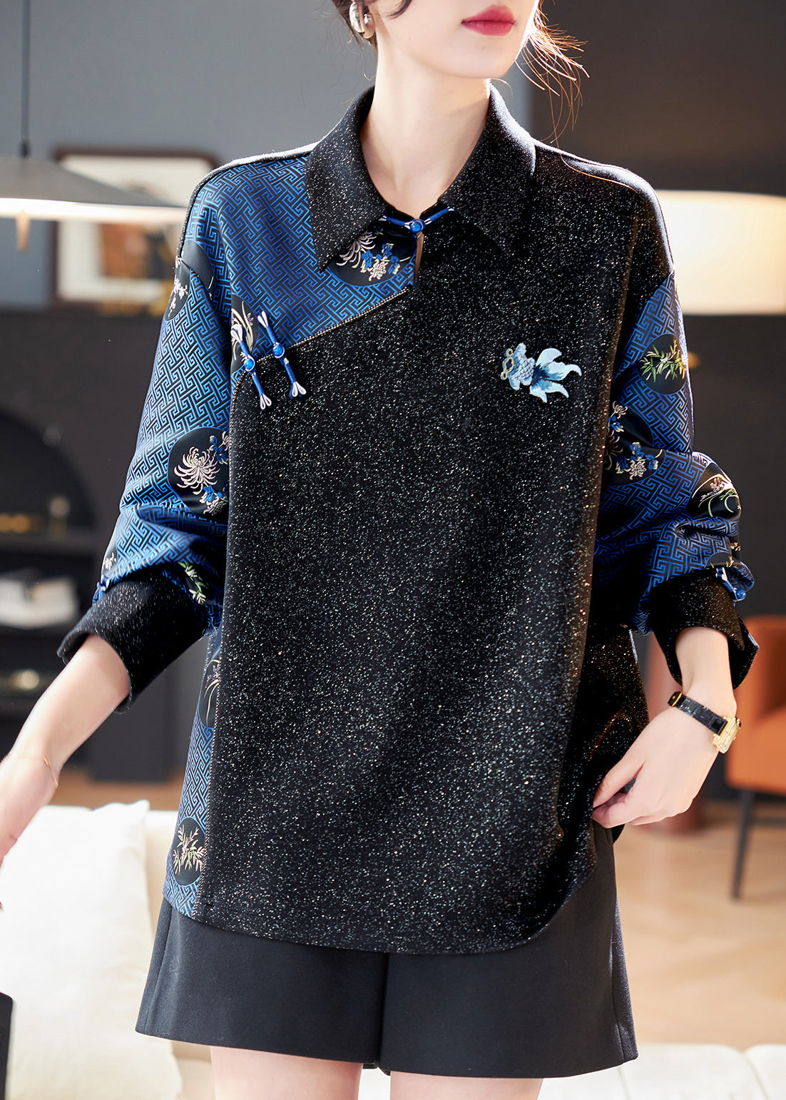 Black Peter Pan Collar Print Patchwork Shirts Spring