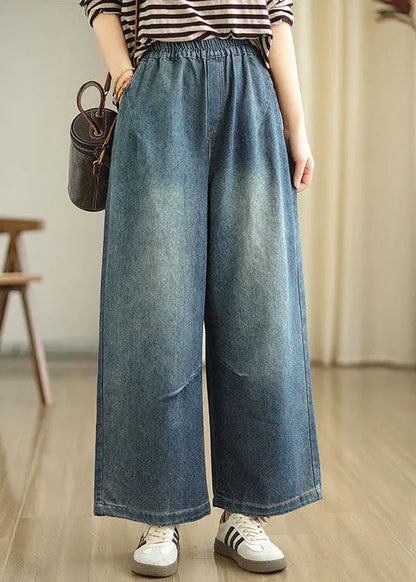 Blue Pockets Elastic Waist Denim Wide Leg Pants Spring