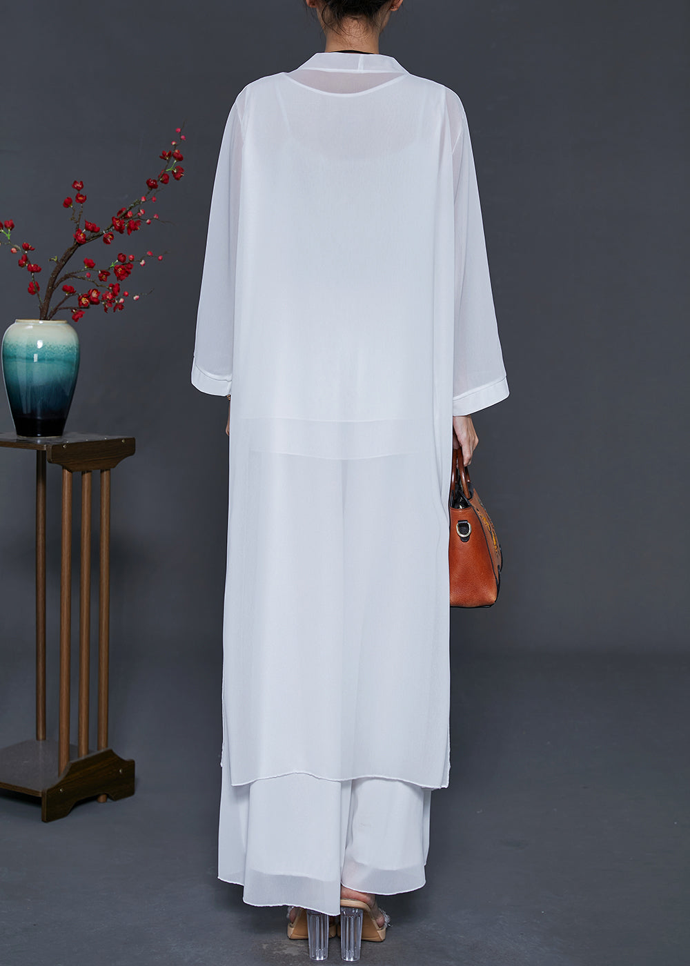 Simple White Oversized Draping Chiffon Three Piece Set Summer