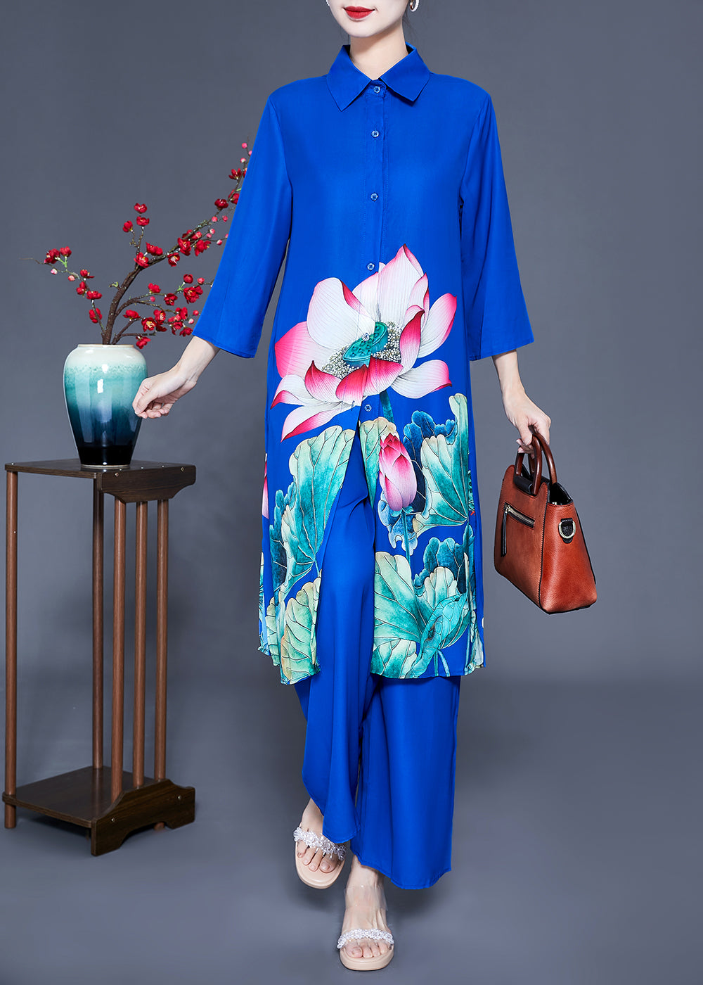 Fine Blue Peter Pan Collar Print Draping Silk Two Pieces Set Spring
