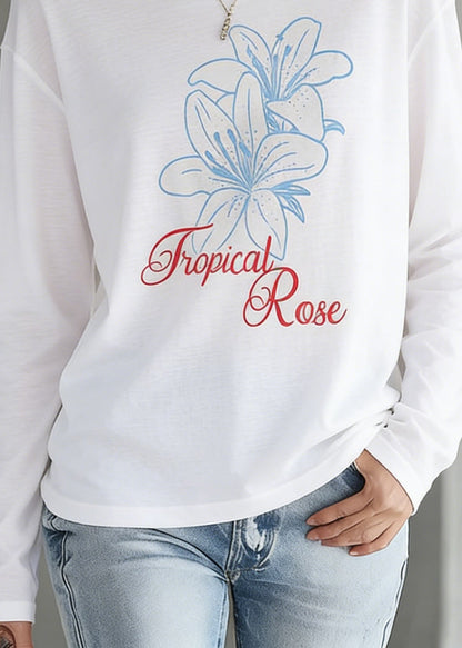 White O Neck Print Cotton T Shirt Top Spring
