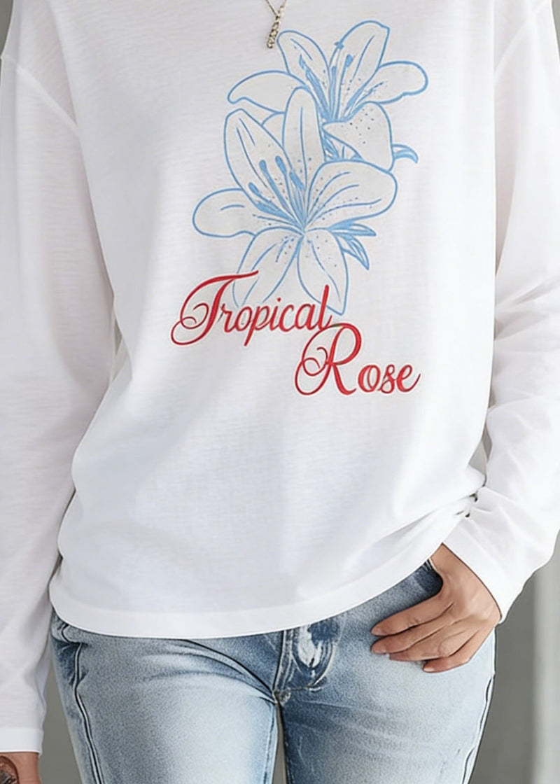 White O Neck Print Cotton T Shirt Top Spring