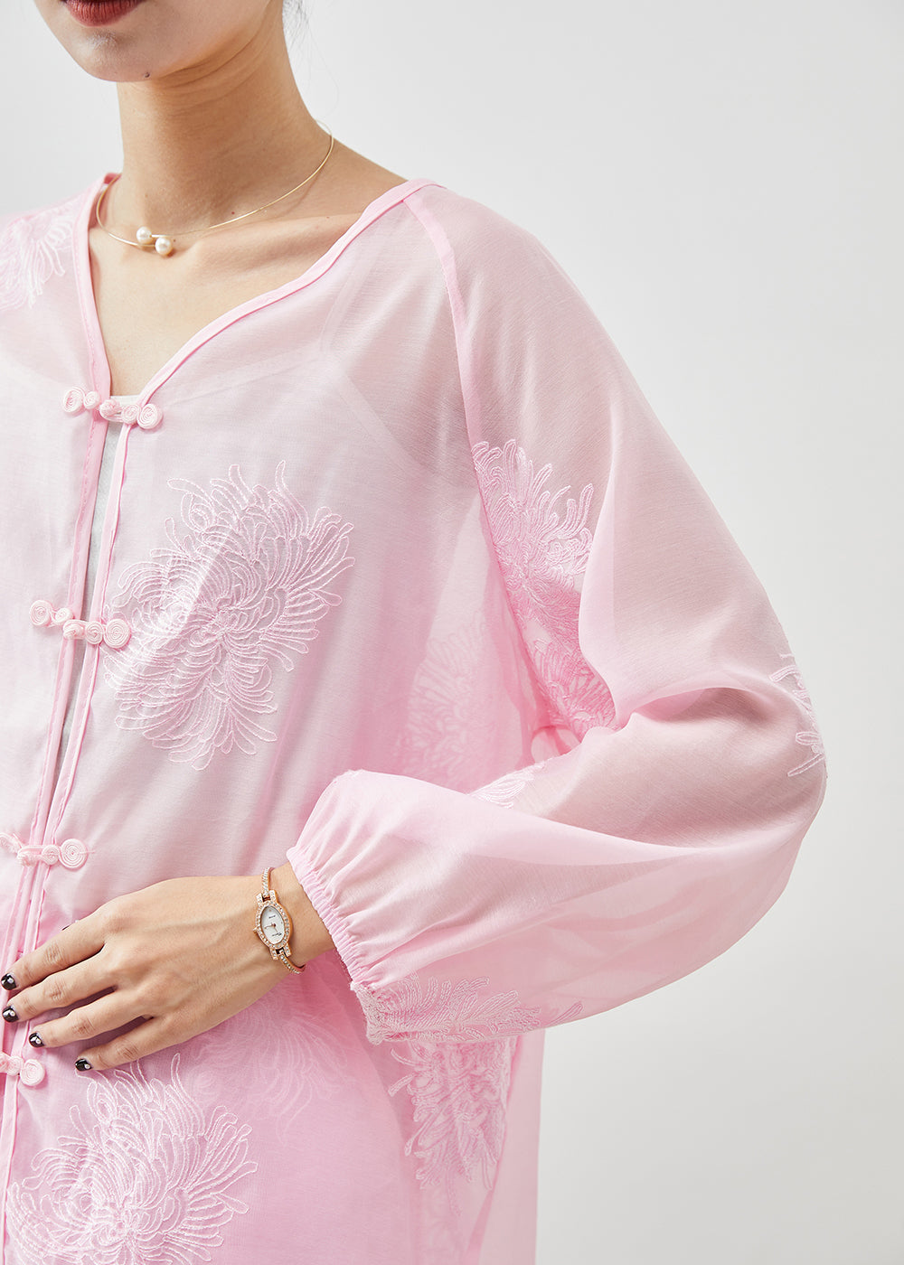 Pink Embroideried Chinese Button Linen Silk 2 Piece Outfit Summer