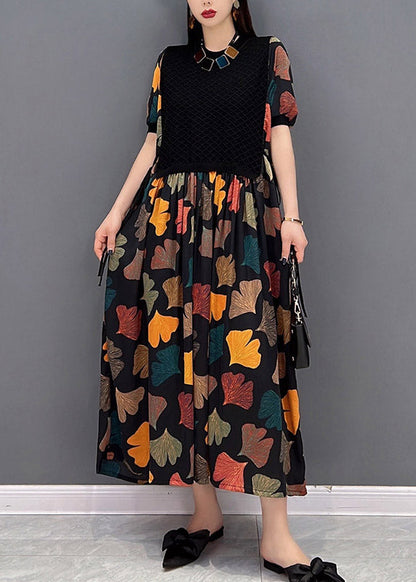 Colour O-neck Print Pleated Dress Short Sleeve