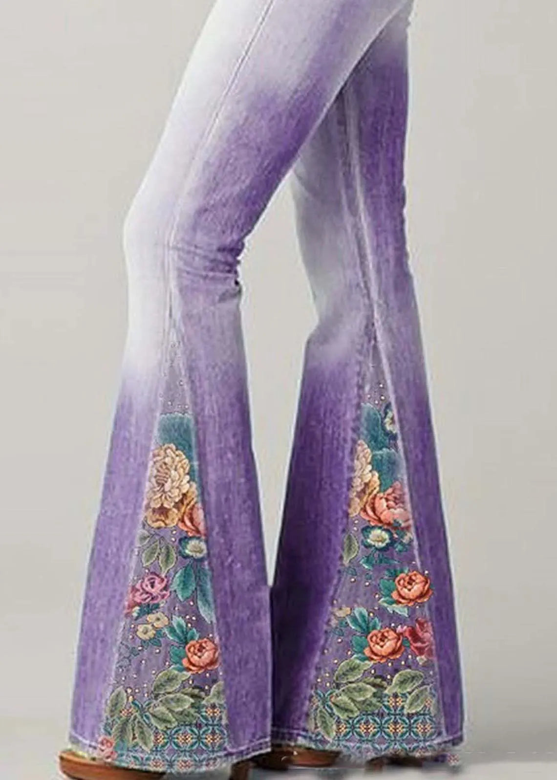 Blue High Waist Patchwork Print Denim Flare Bottoms Summer