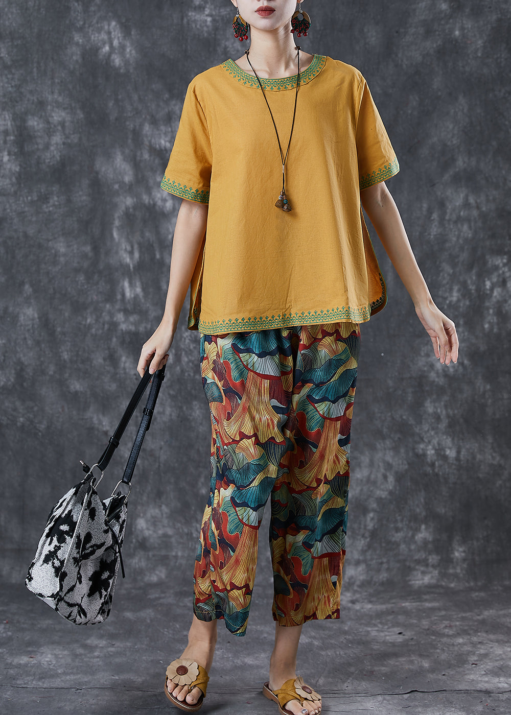 Yellow Oversized Print Linen Two Pieces Set Summer