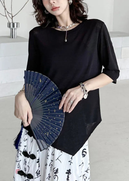 Black O-neck Asymmetrical Patchwork Cotton T Shirt Half Sleeve