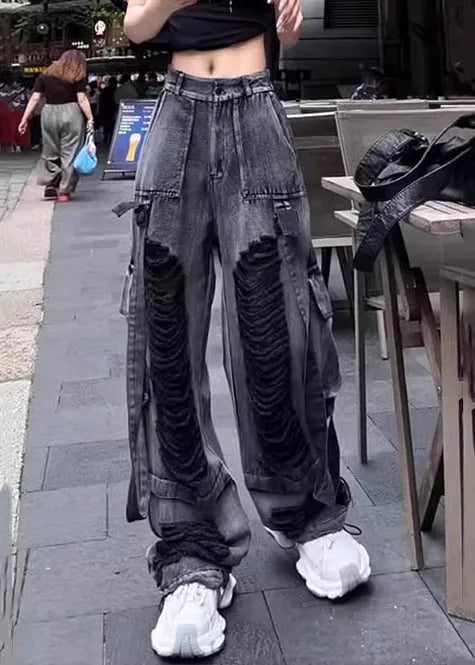 Original Design Black Oversized Denim Ripped Pants Fall