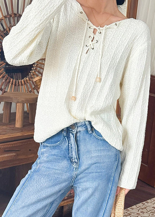 Beige Lace Up Thin Knit Top Spring