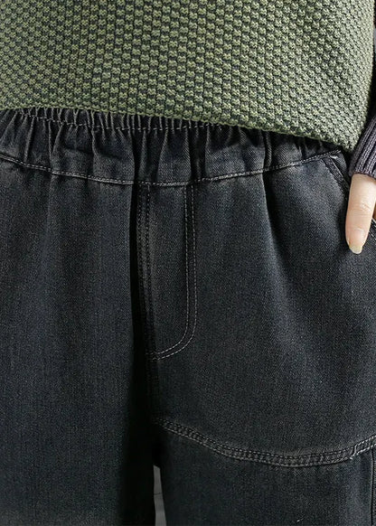 Blue Pockets Patchwork Elastic Waist Warm Fleece Denim Pants Fall