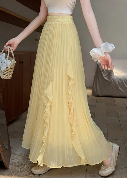 New Yellow Wrinkled Side Open Elastic Waist Skirts