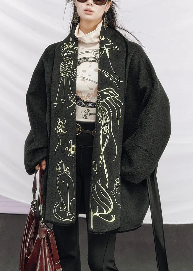 Dark Gray Tie Waist Pockets Woolen Coats Embroidered
