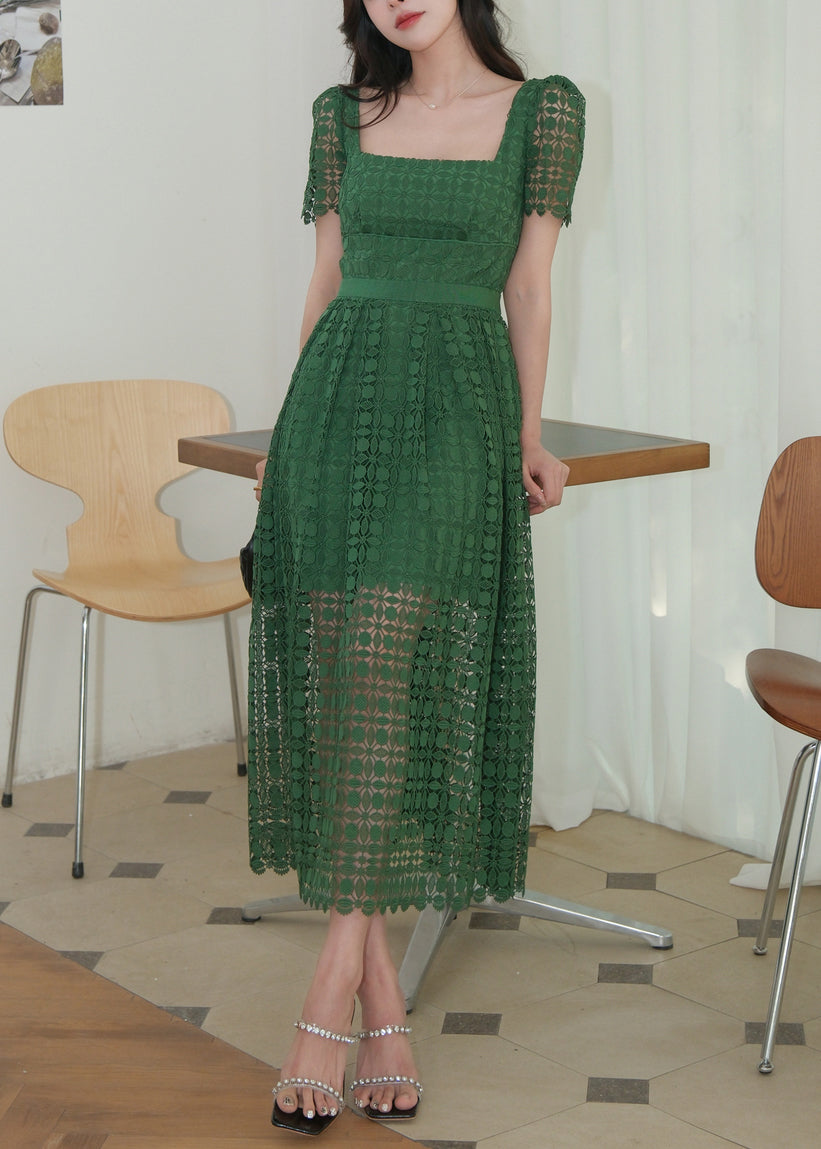 Green Square Collar Hollow Out Lace Long Dress Summer