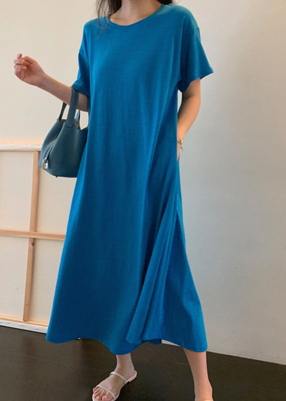 Blue Pockets Cotton Long Dress Short Sleeve