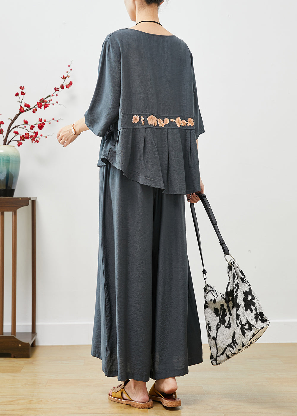 Blue Grey Cotton Two Piece Set Clothing Embroideried Fall