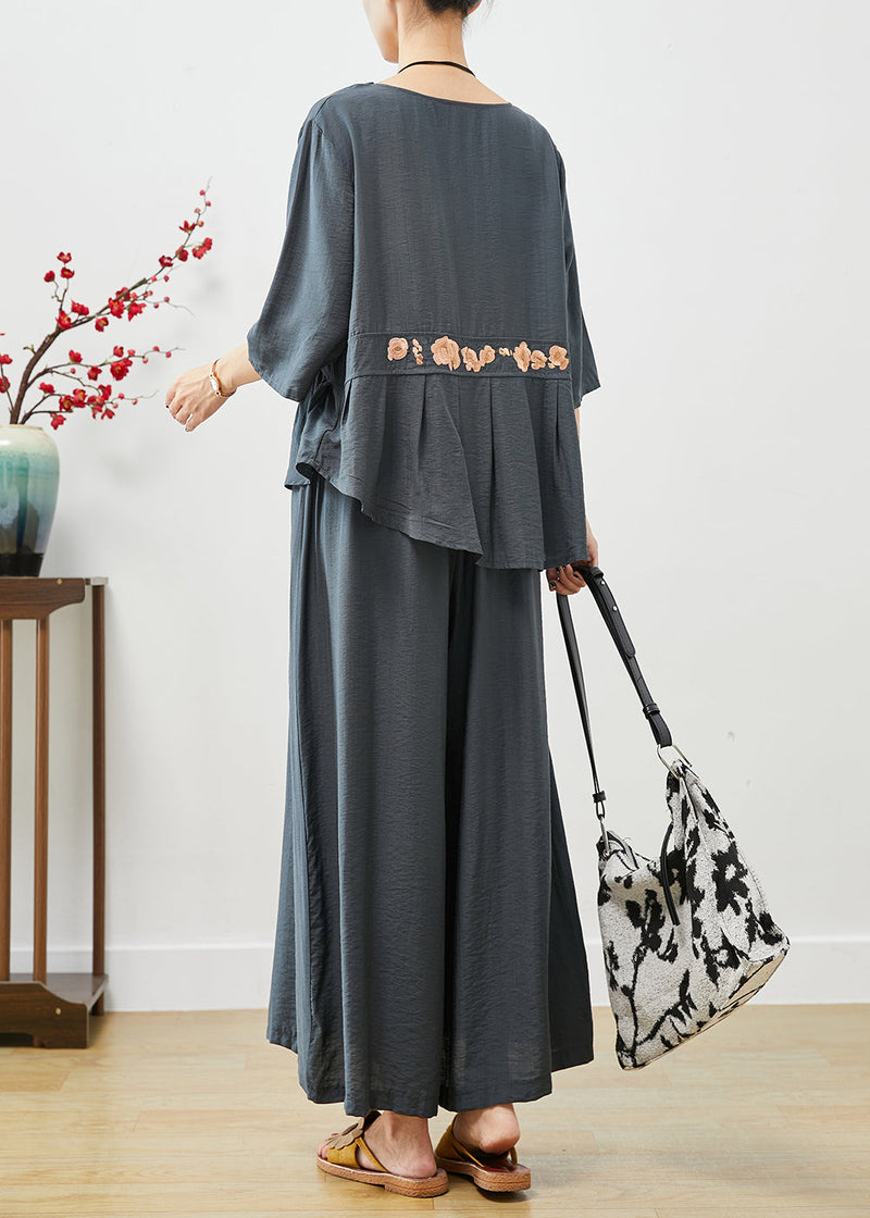 Blue Grey Cotton Two Piece Set Clothing Embroideried Fall