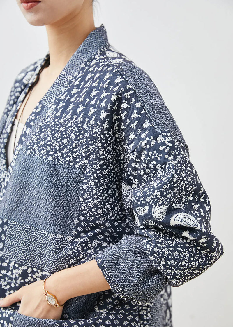 Navy Oversized Print Linen Coat Spring