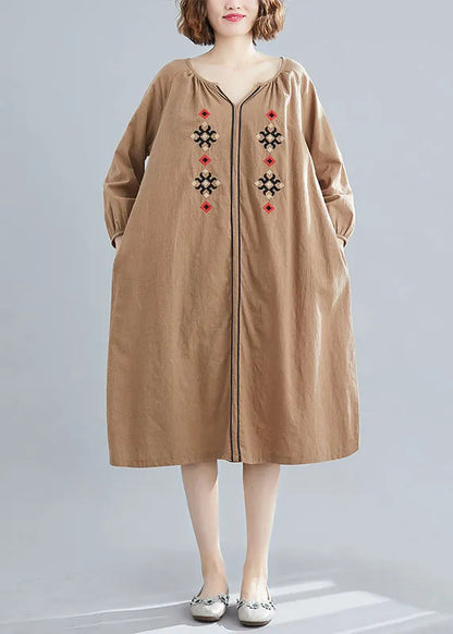 Chocolate Loose Dress V Neck Spring