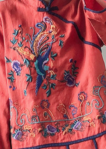 Red Embroideried Button Linen Top Long Sleeve