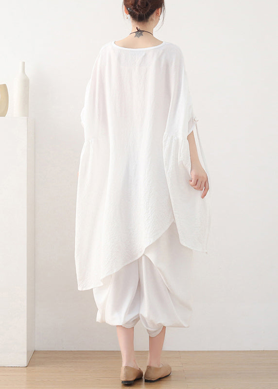 White O-neck Drawstring Cotton Pullover Tops Summer
