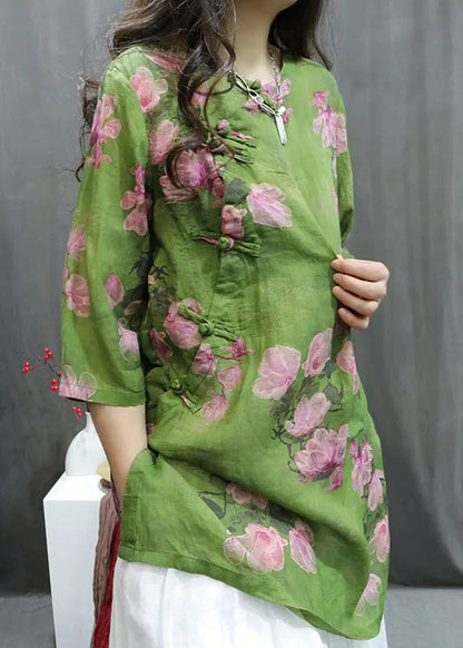 Handmade Purple O-neck Print Button Top Summer