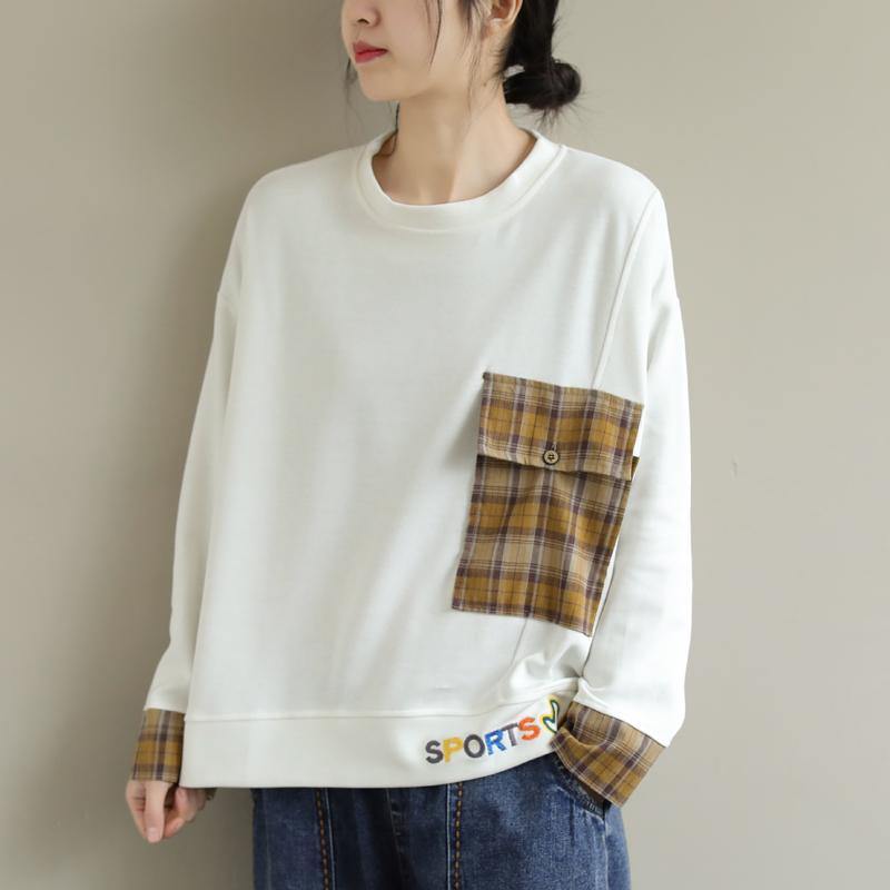 White Cotton Clothes for Long Sleeve Art Embroidery Pockets Blouses