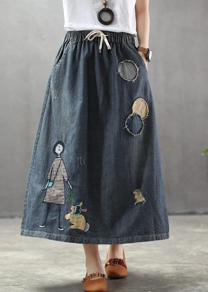 Light Blue Elastic Waist Patchwork Cartoon Embroideried Tulle Denim Skirts Spring