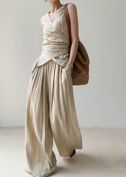 Brief V Neck Silk Linen Top and Wide Leg Pants Two Pieces Set Sleeveless Summer