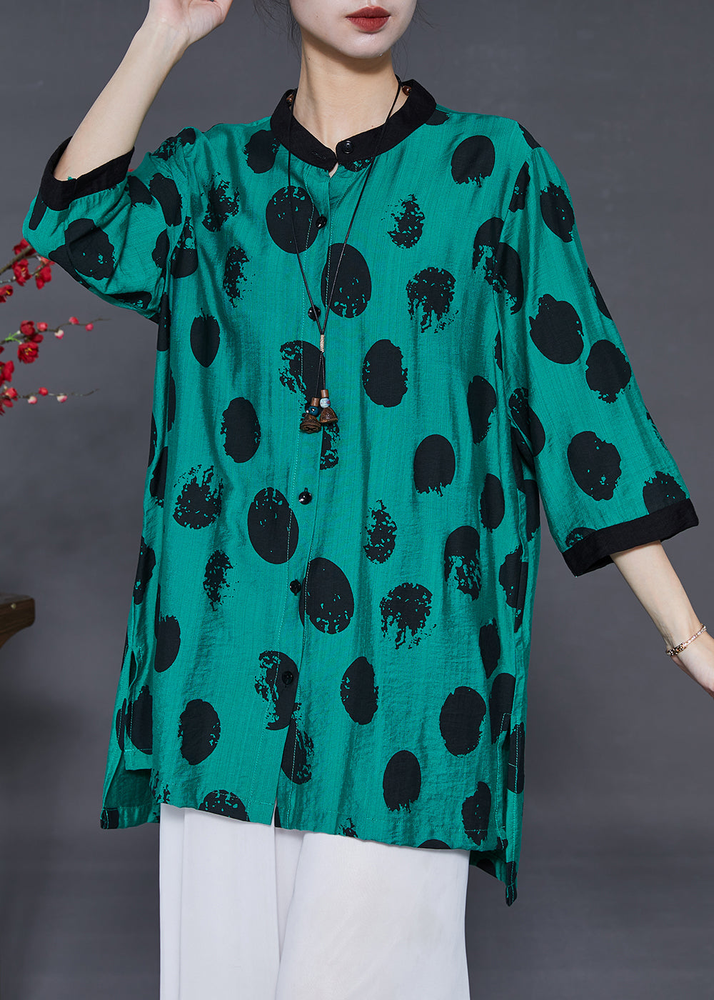 Green Oversized Print Linen Silk Long Shirt Summer