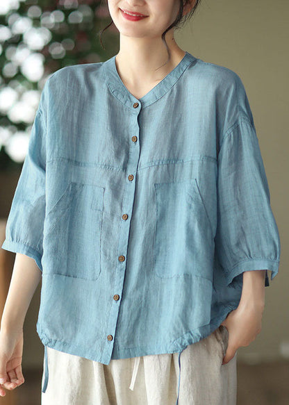 Red O-neck Oversized Pockets Linen Blouses Bracelet Sleeve