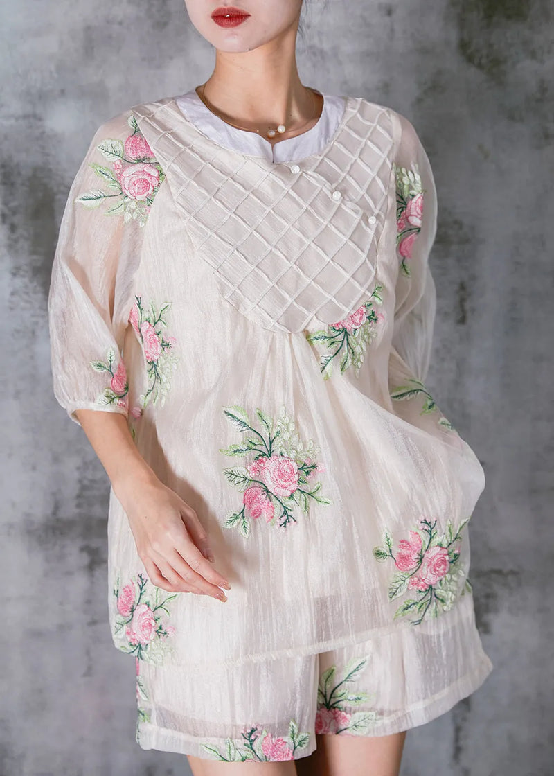 White Embroidered Silk Oriental Two Pieces Set Summer