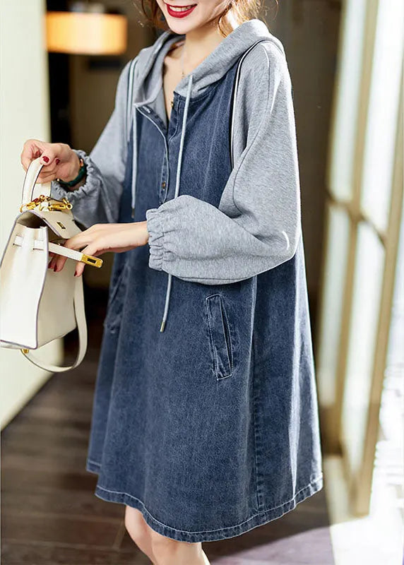 Boutique Blue Hooded Pockets Button Patchwork Fall Long Sleeve Denim Mid Dress