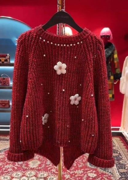 Stylish Red O-neck Nail Bead Thick Cotton Knit Sweater Tops Winter