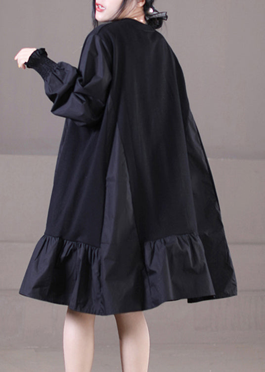 Vogue Black O-neck Ruffles Patchwork Mid Dresses Long Sleeve