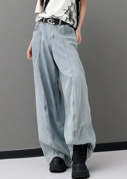 Blue Pockets Patchwork Denim Wide Leg Pants Fall