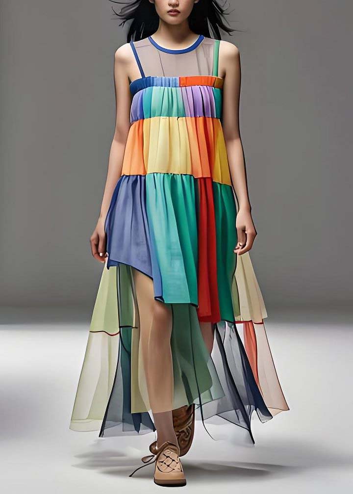 Loose Colorblock O Neck Tulle Patchwork Cotton Dresses Sleeveless