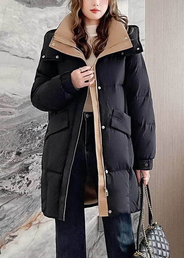 Black Zippered Hooded Pockets Duck Down Coat Winter