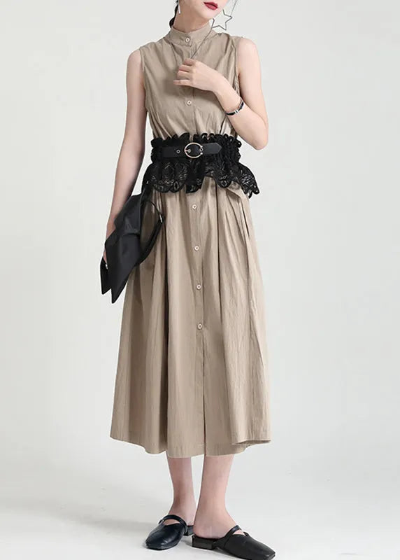 Slim Fit Khaki Stand Collar Patchwork Button Fake Two Pieces Maxi Shirts Dresses Sleeveless