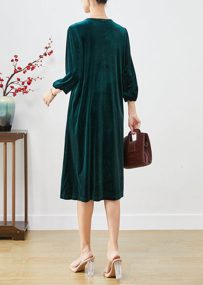 Peacock Green Oversized Patchwork Silk Velour Holiday Dress Lantern Sleeve